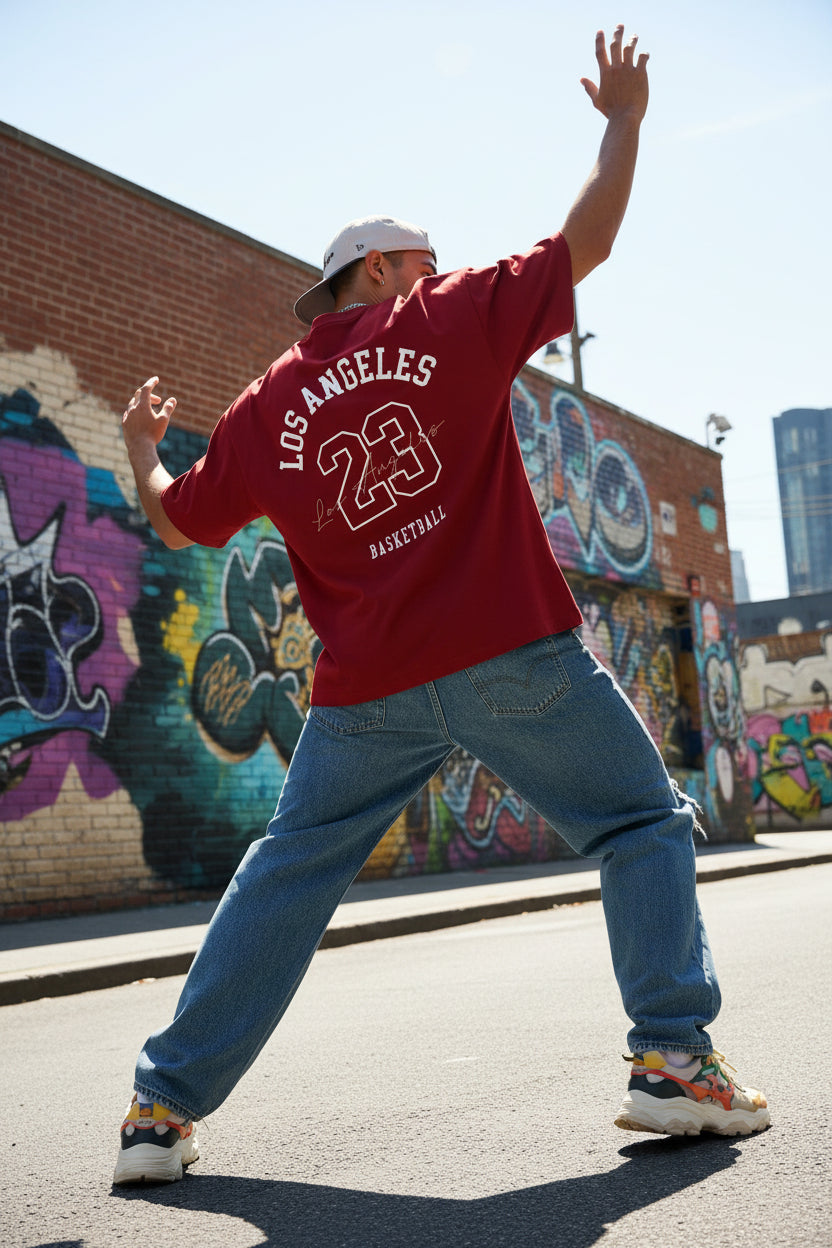 Red t-shirt with 'Los Angeles 23 Basketball' text on a white background