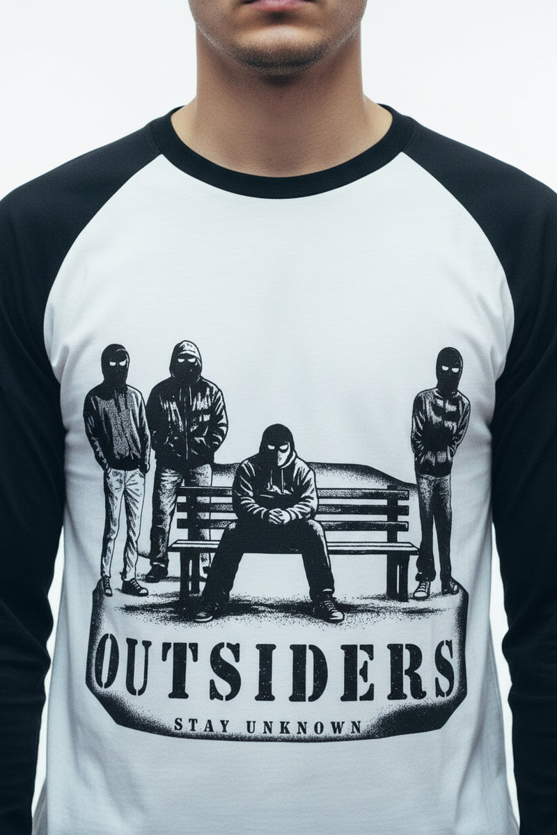 Black and white long-sleeve shirt with 'Outsiders' graphic design on a white background