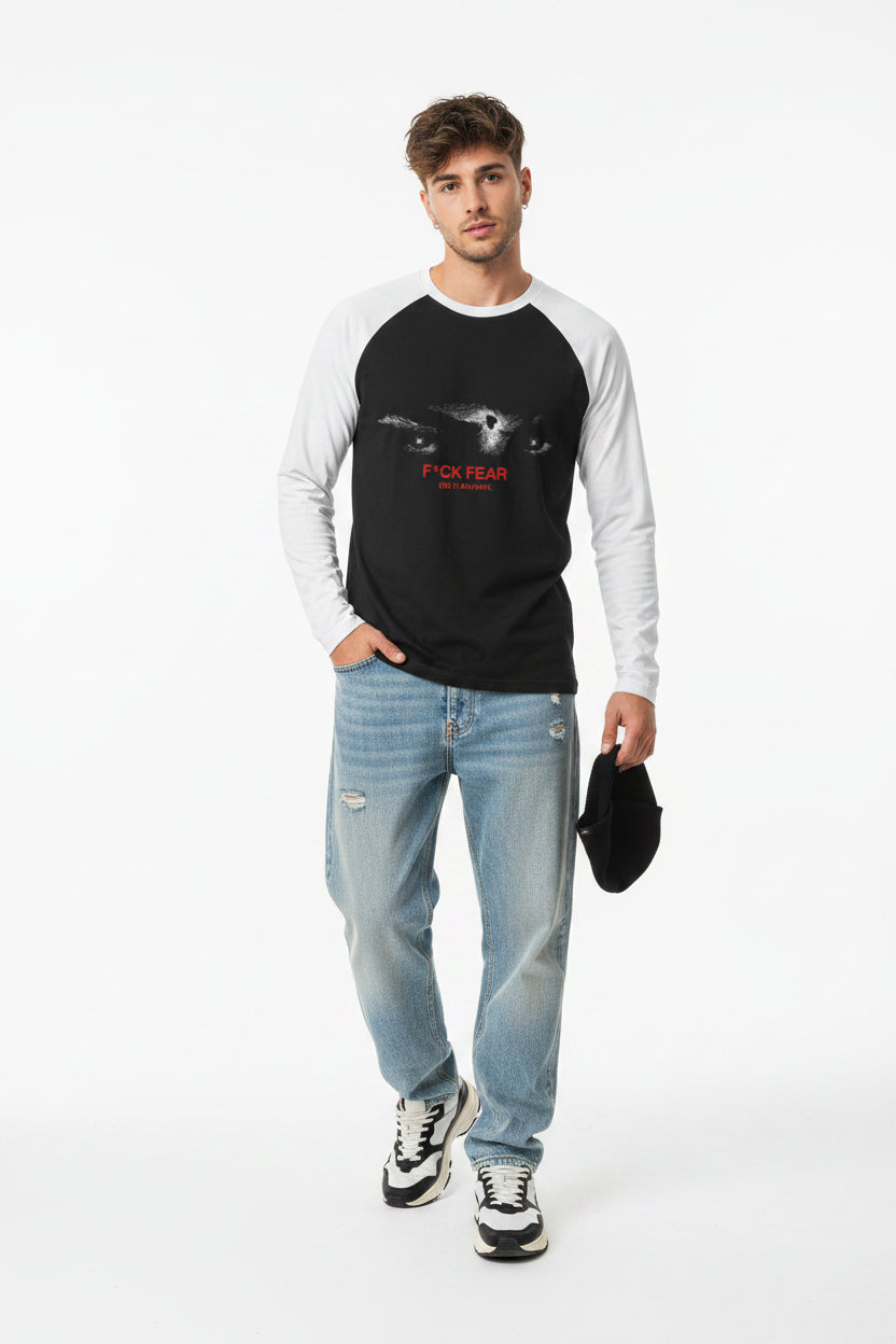 Long-sleeve shirt with a graphic of a cat's face and text on a white background