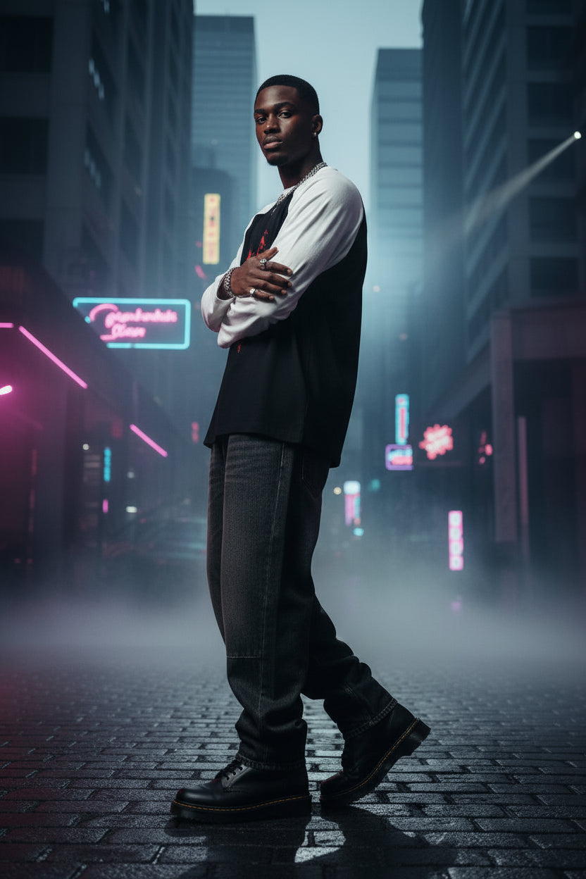 Person wearing a black and white sweater with a red design in an urban, neon-lit street setting