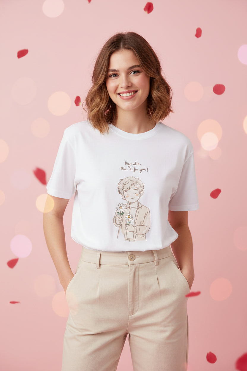 Person wearing a white t-shirt with a graphic design on a pink background with heart shapes.