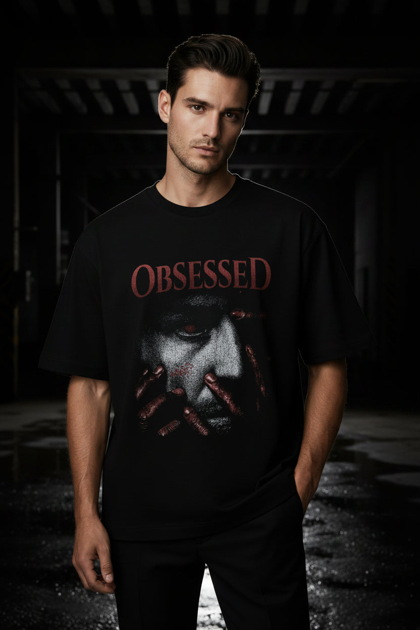 Black t-shirt with graphic design and 'OBSESSED' text on a white background