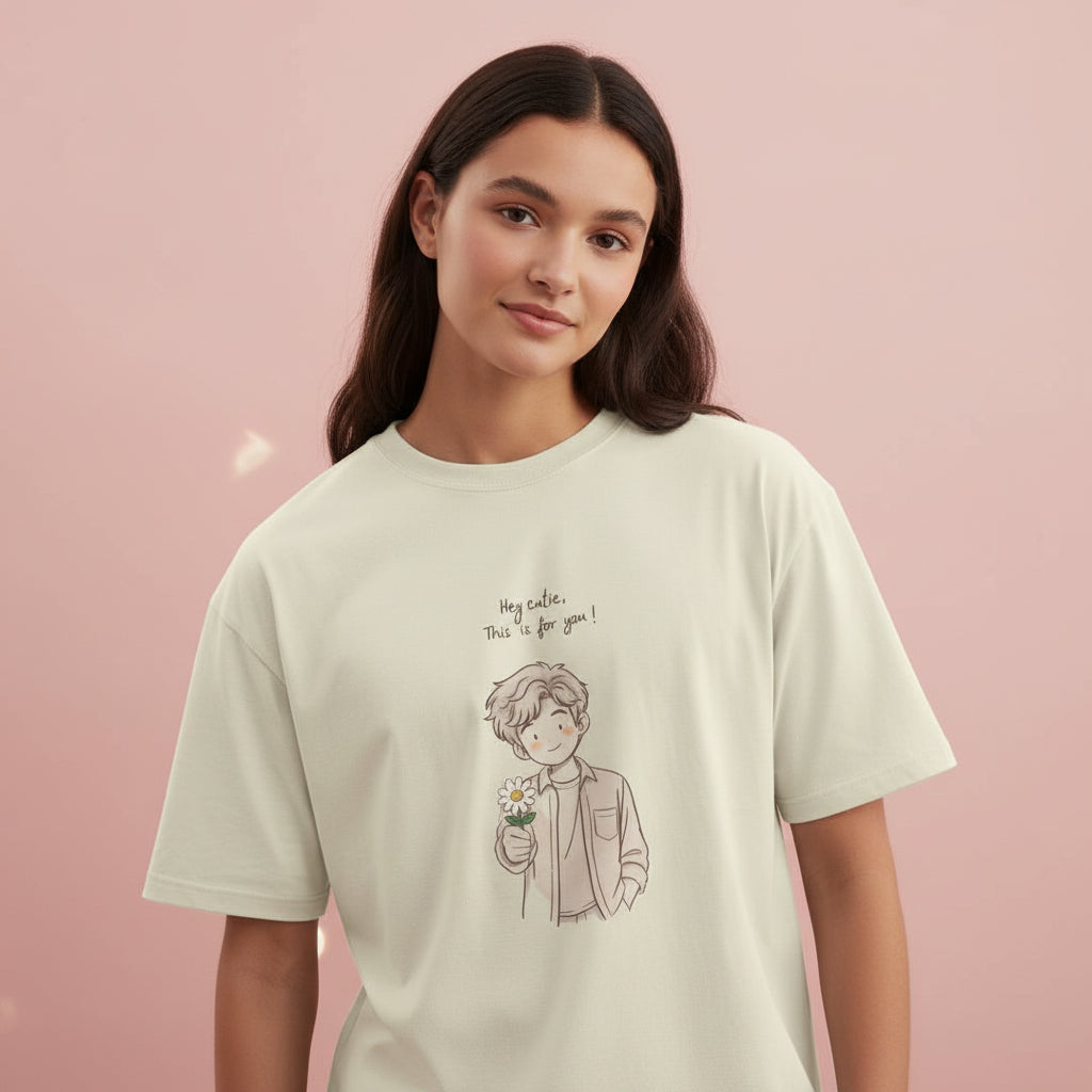 T-shirt with a graphic of a person holding a flower and text 'Hey cutie, this is for you!' on a plain background.